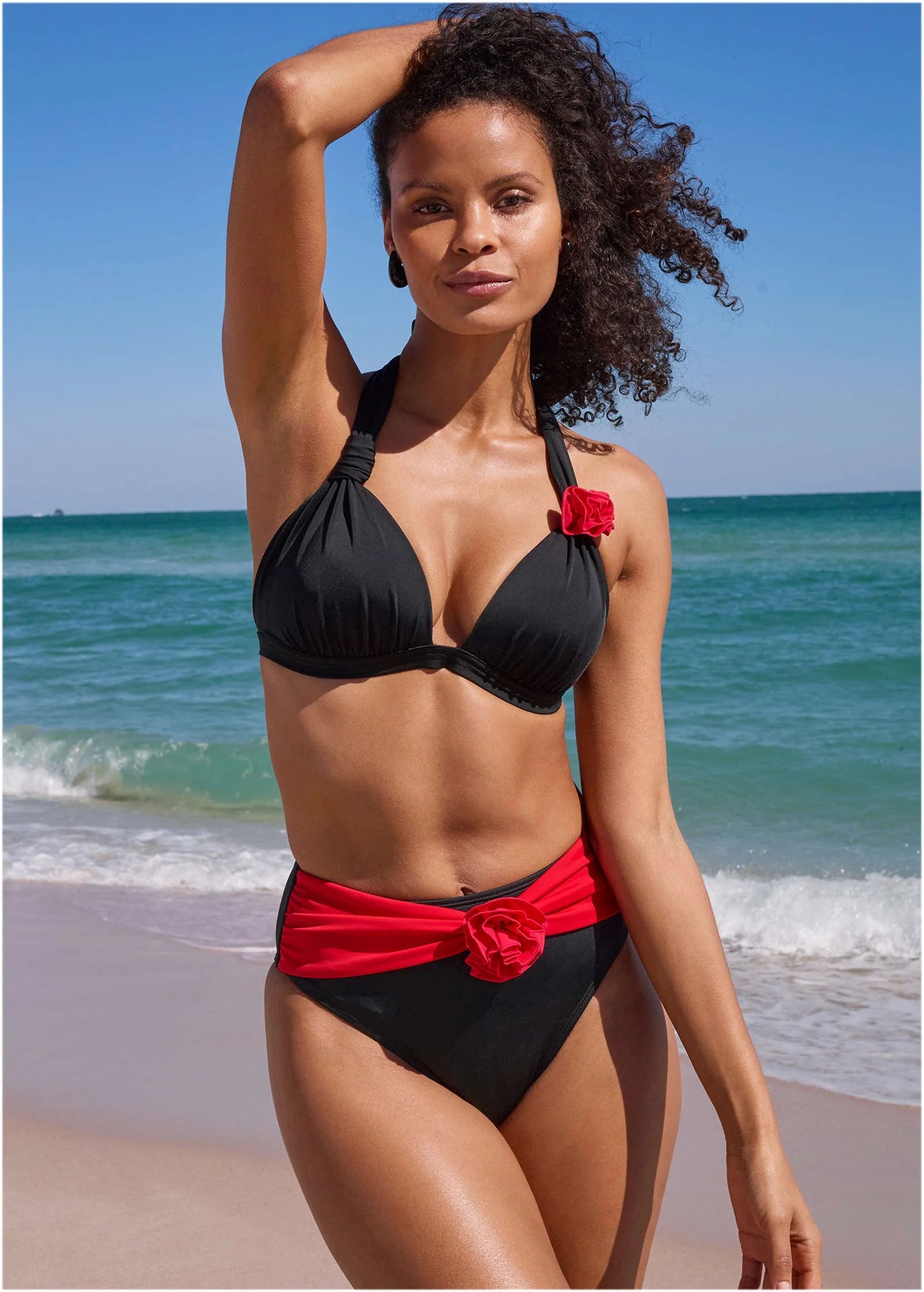 Rosette Goddess Push Up Halter Top Black Red