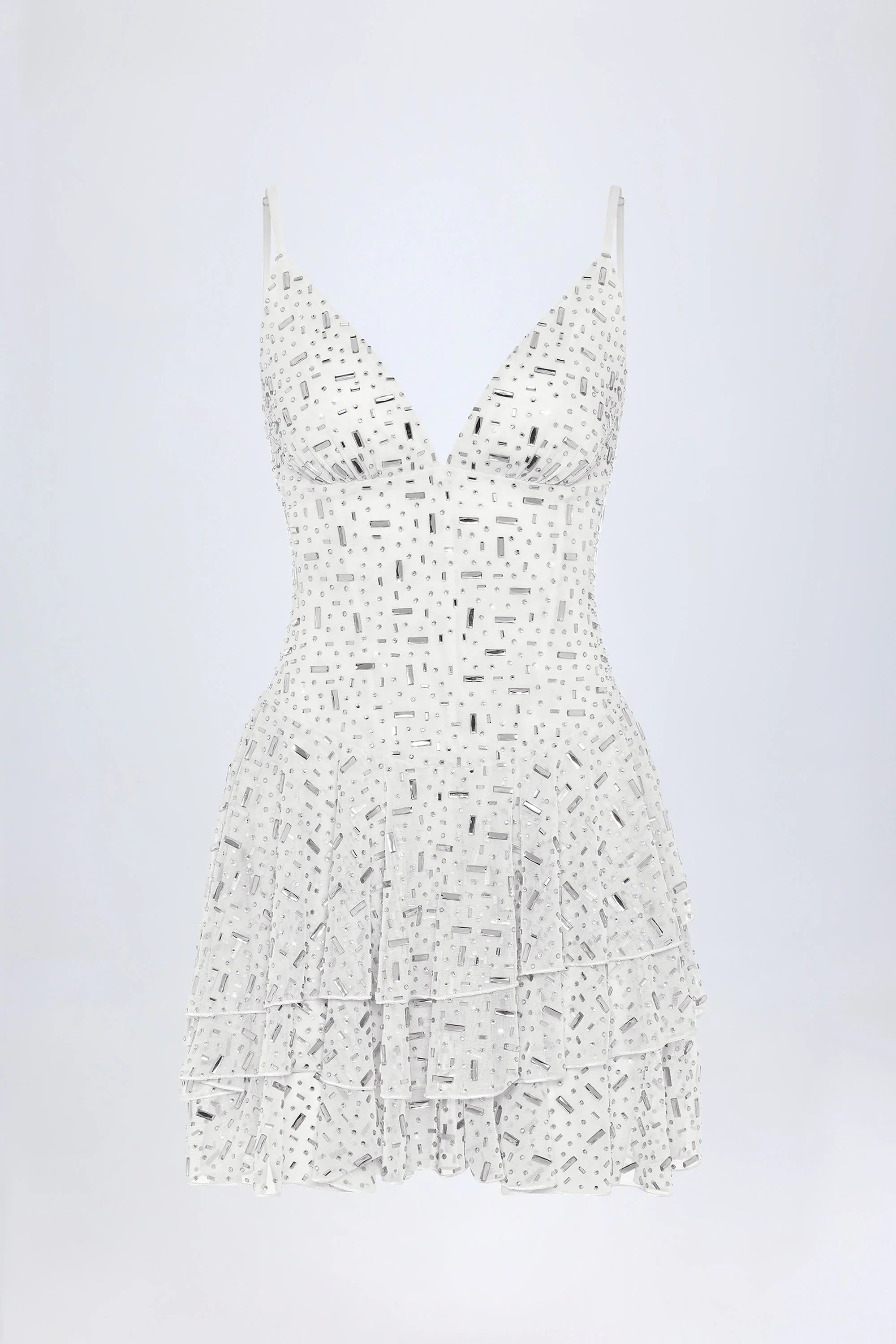 Embellished Ruffled Tiered Mini Dress in White