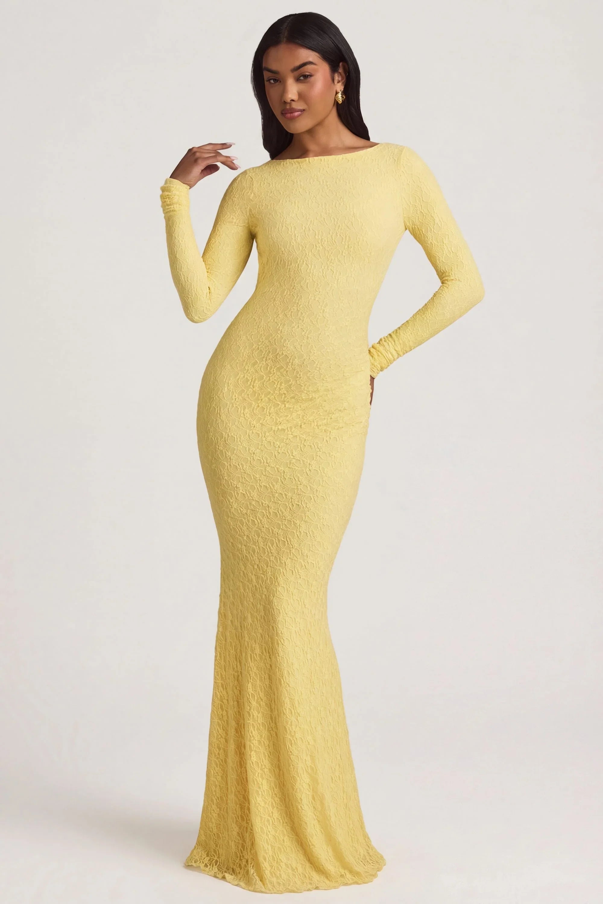 Ruched Backless Lace Maxi Dress in Pastel Yellow