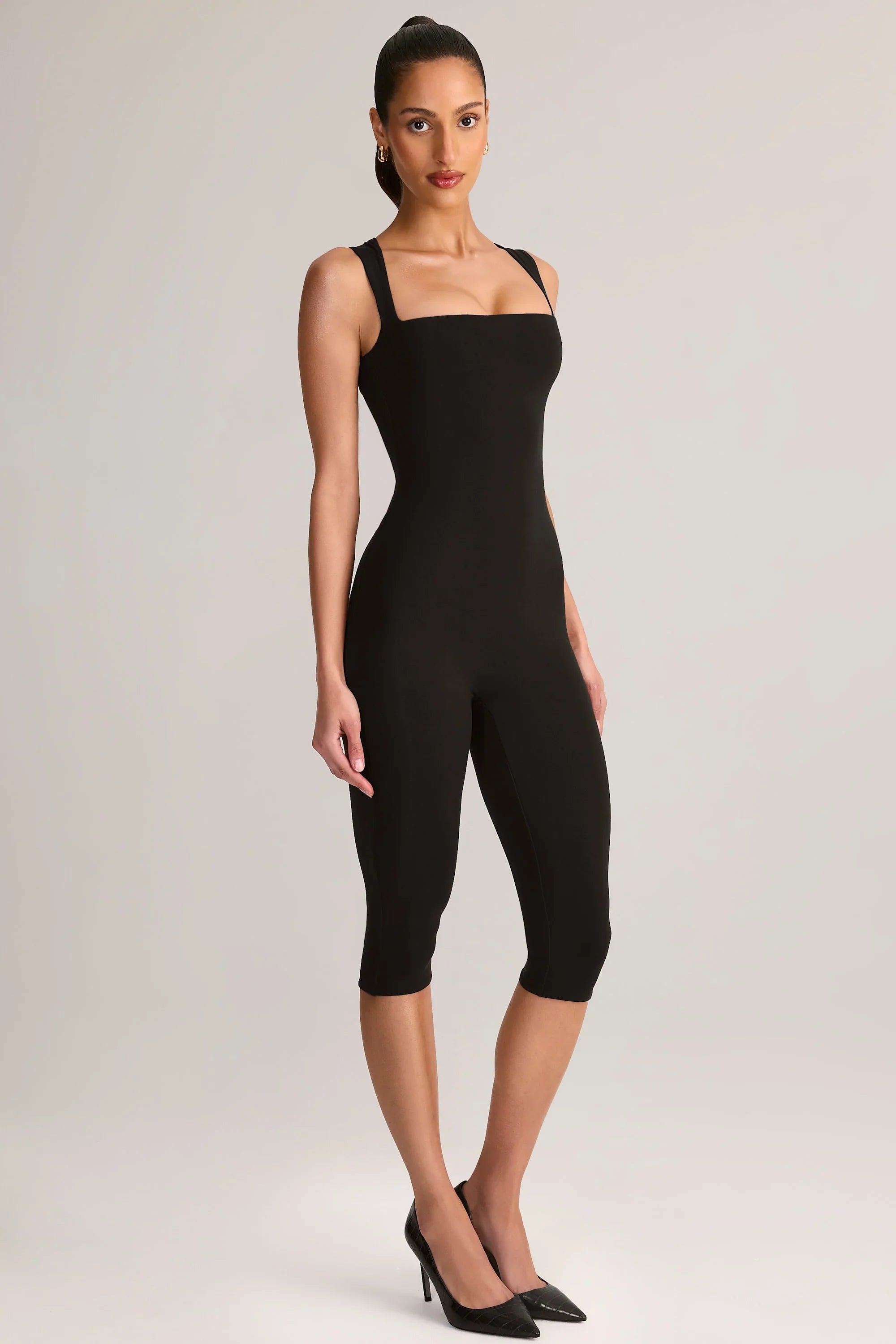 Modal Square Neck Bodycon Capri Jumpsuit in Black