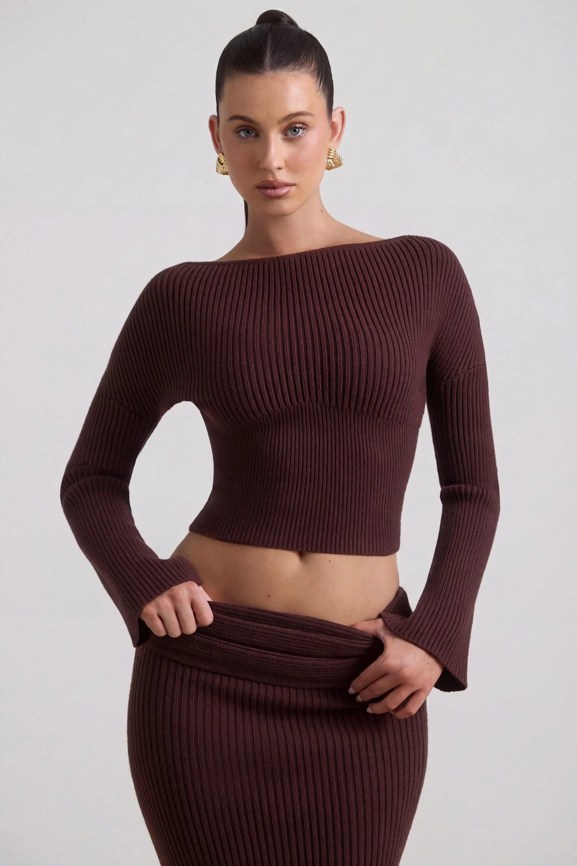 Ribbed Knit Slash Neck Top in Espresso
