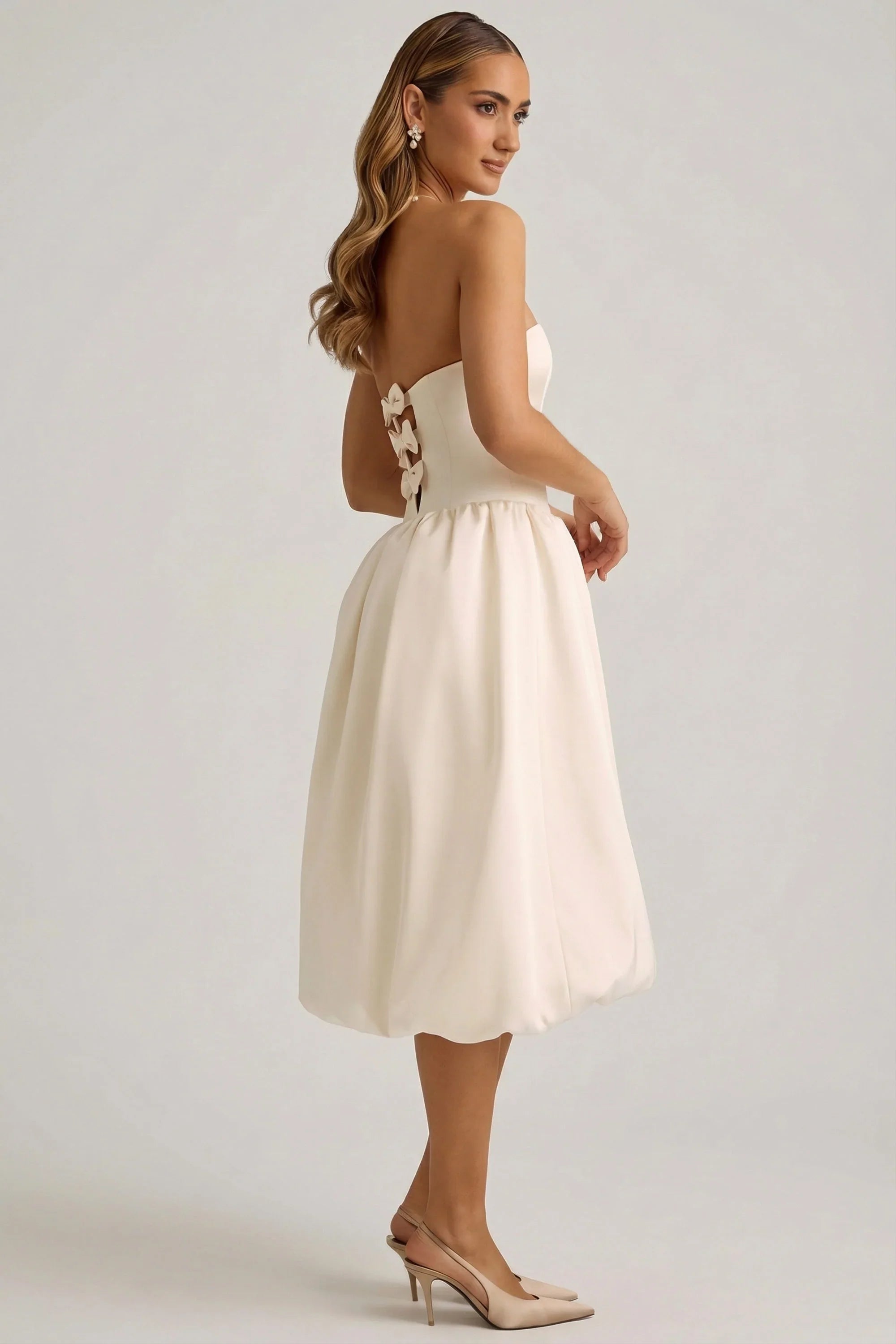 Convertible Bow Detail Bubble Hem Midaxi Dress in Ivory