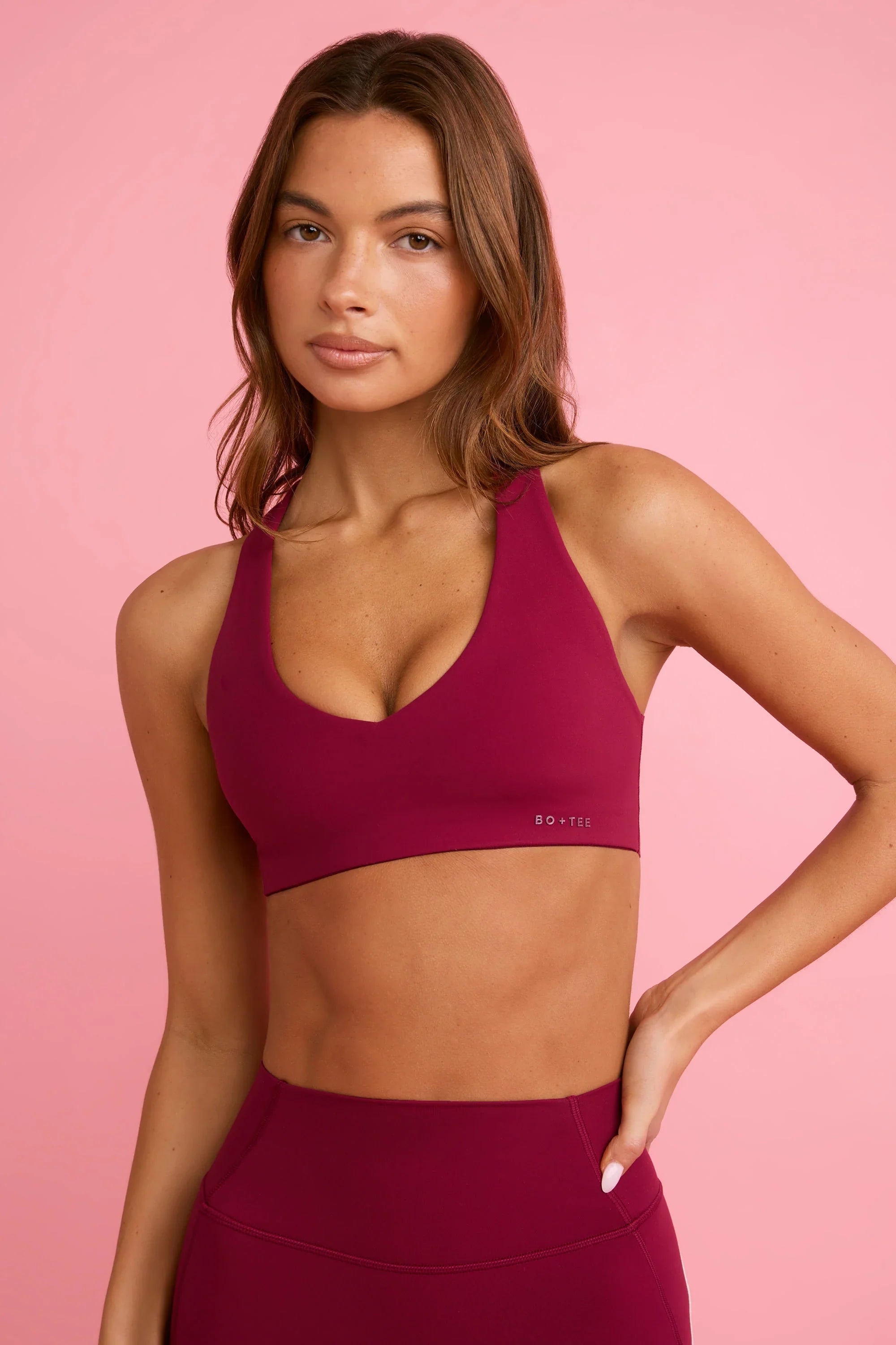 Soft Active V Neck Sports Bra in Burgundy