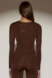 Embellished Crew Neck Long Sleeve Top in Chocolate Brown