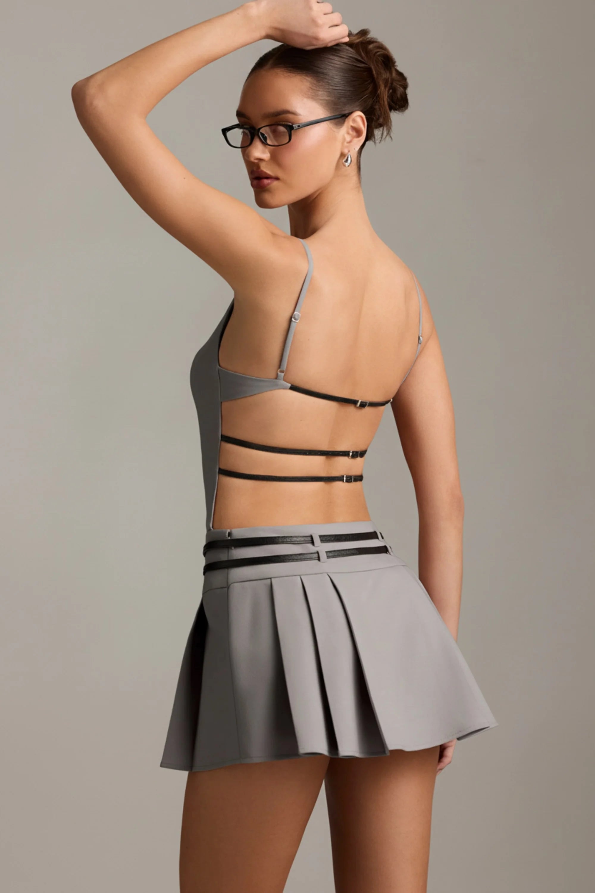 Belted Backless Pleated Mini Dress in Grey