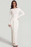 Soft Jersey Boat Neck Tie Gather Maxi Dress in White
