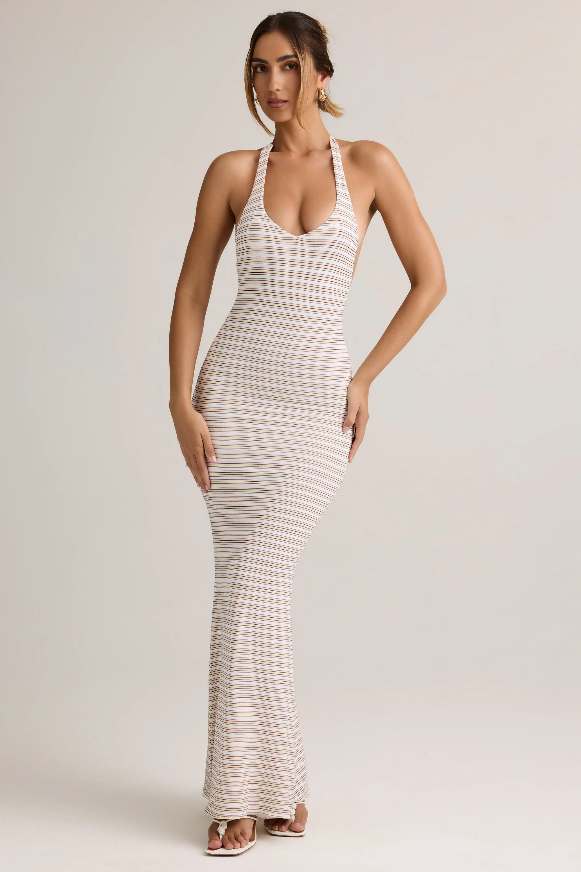 Modal Halterneck Maxi Dress in Pink Yellow Stripe