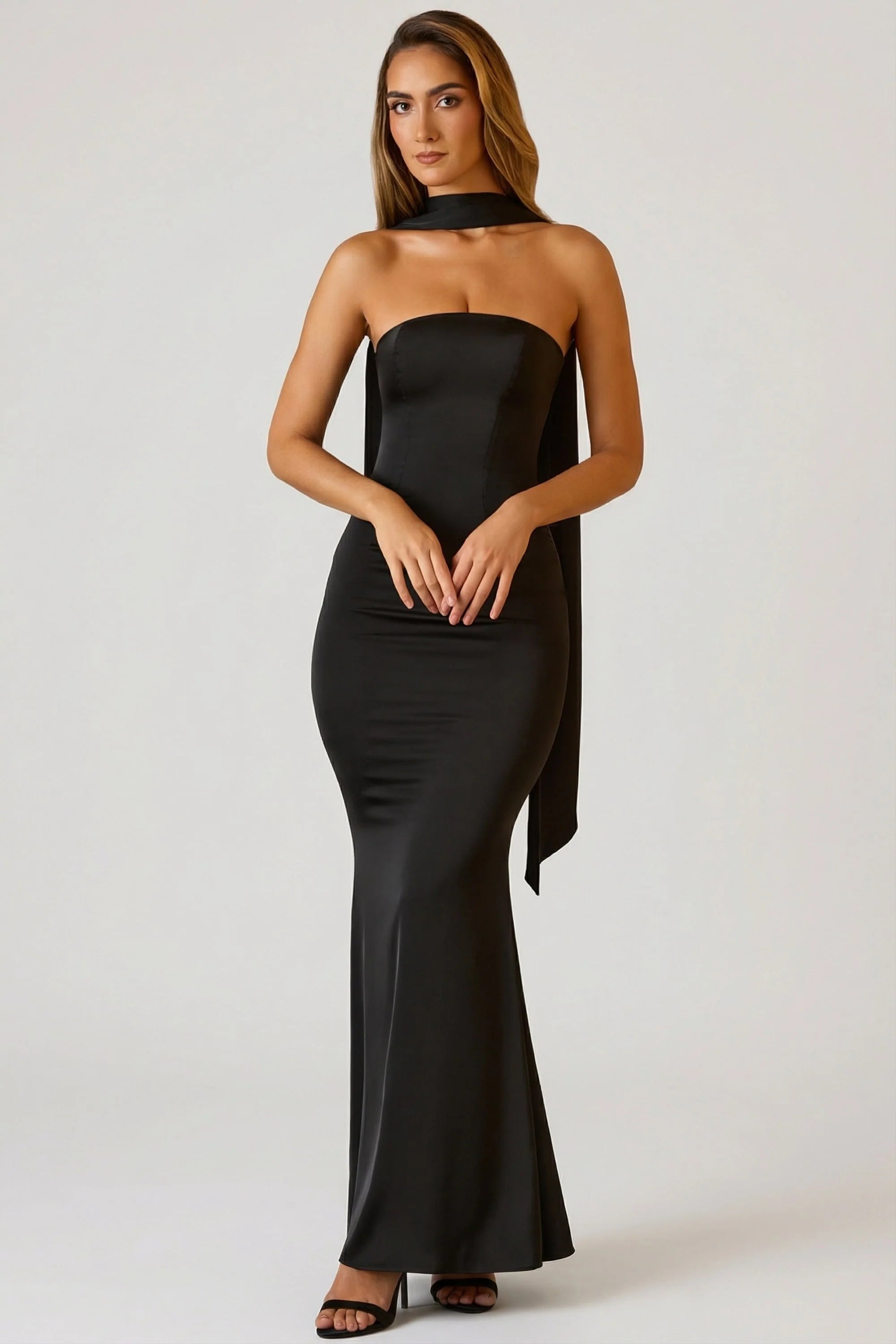 Scarf Detail Strapless Gown in Black