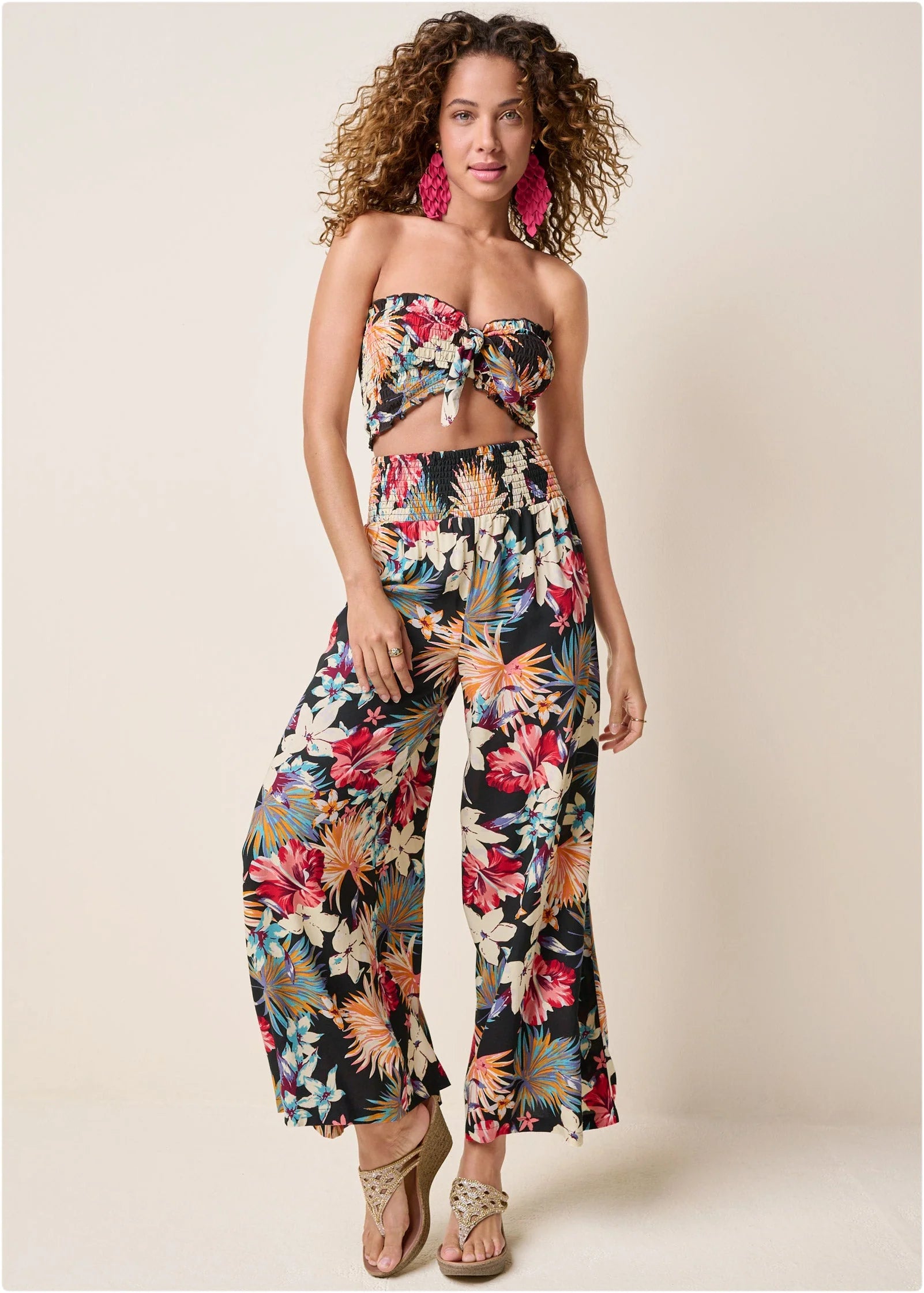 Smocked Waist Flared Pants Black Multi