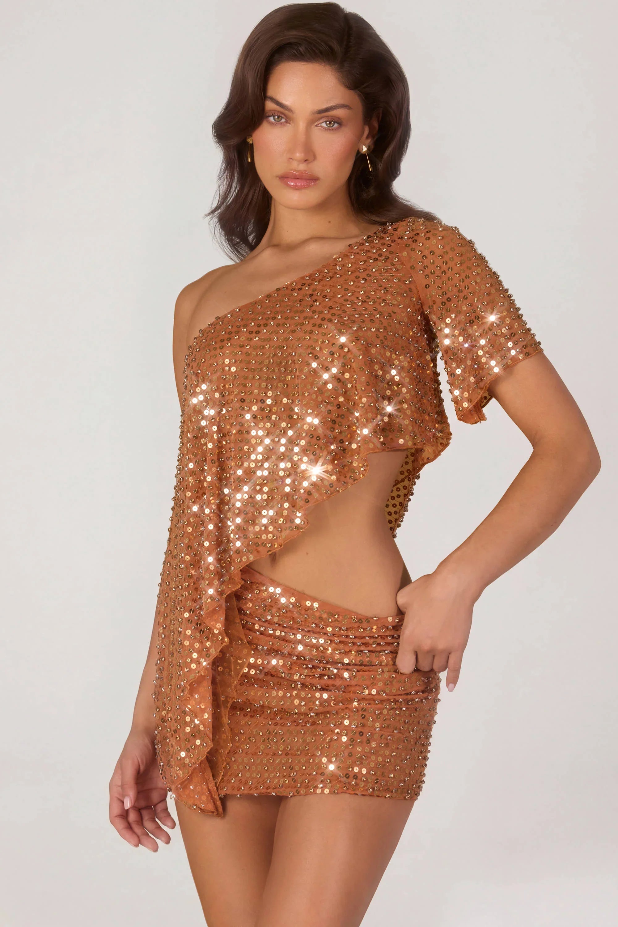 Embellished One Shoulder Asymmetric Top in Bronze
