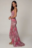 Ruched Asymmetric Corset Gown in Blurred Floral
