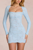 Scalloped Lace Long Sleeve Mini Dress in Powder Blue