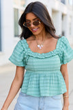 Amie Teal Plaid Ruffle Trim Babydoll Top