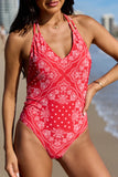 Golden Summer Bandana Red Halter Neck One Piece Swimsuit