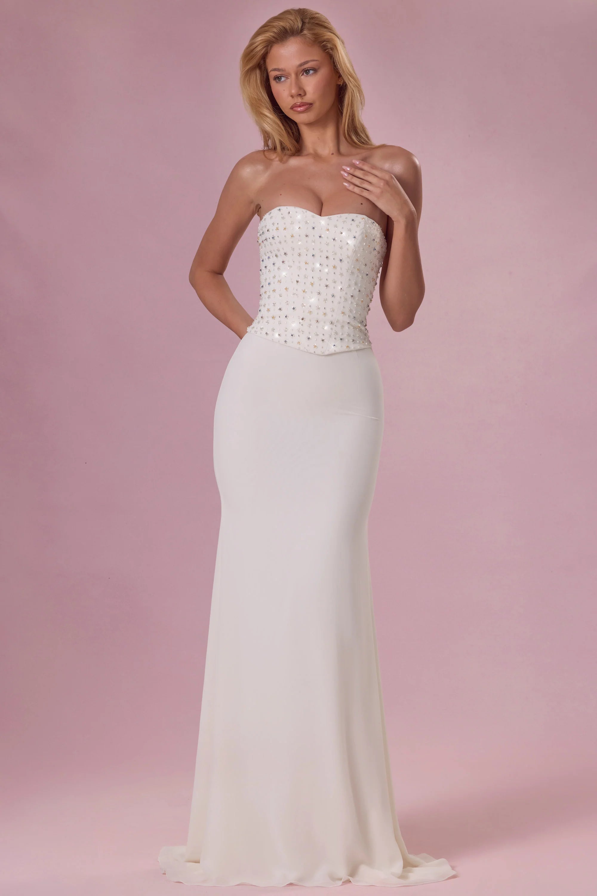 Embellished Corset Strapless Gown in Pearl