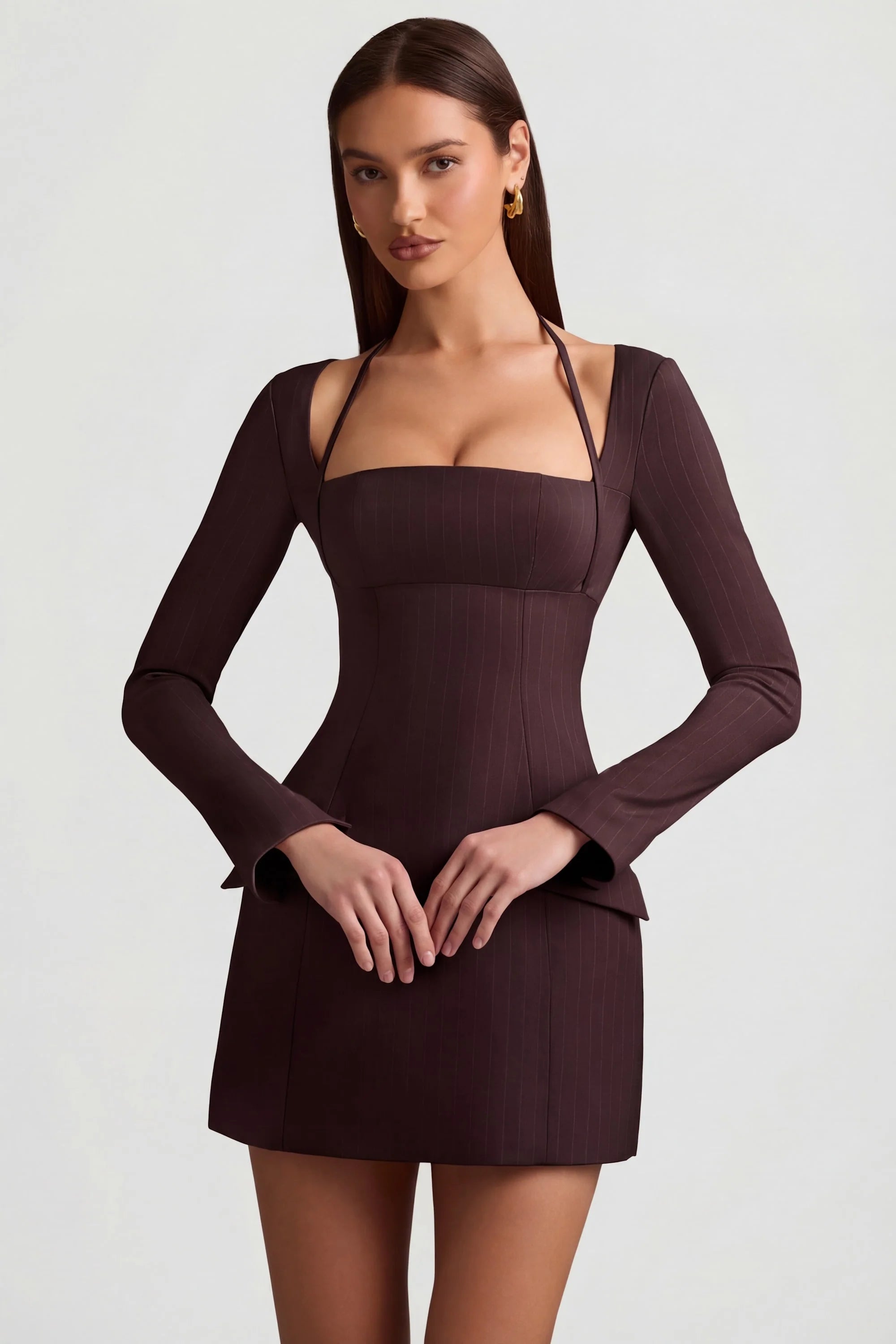 Pinstripe Structured A Line Mini Dress in Chocolate Brown