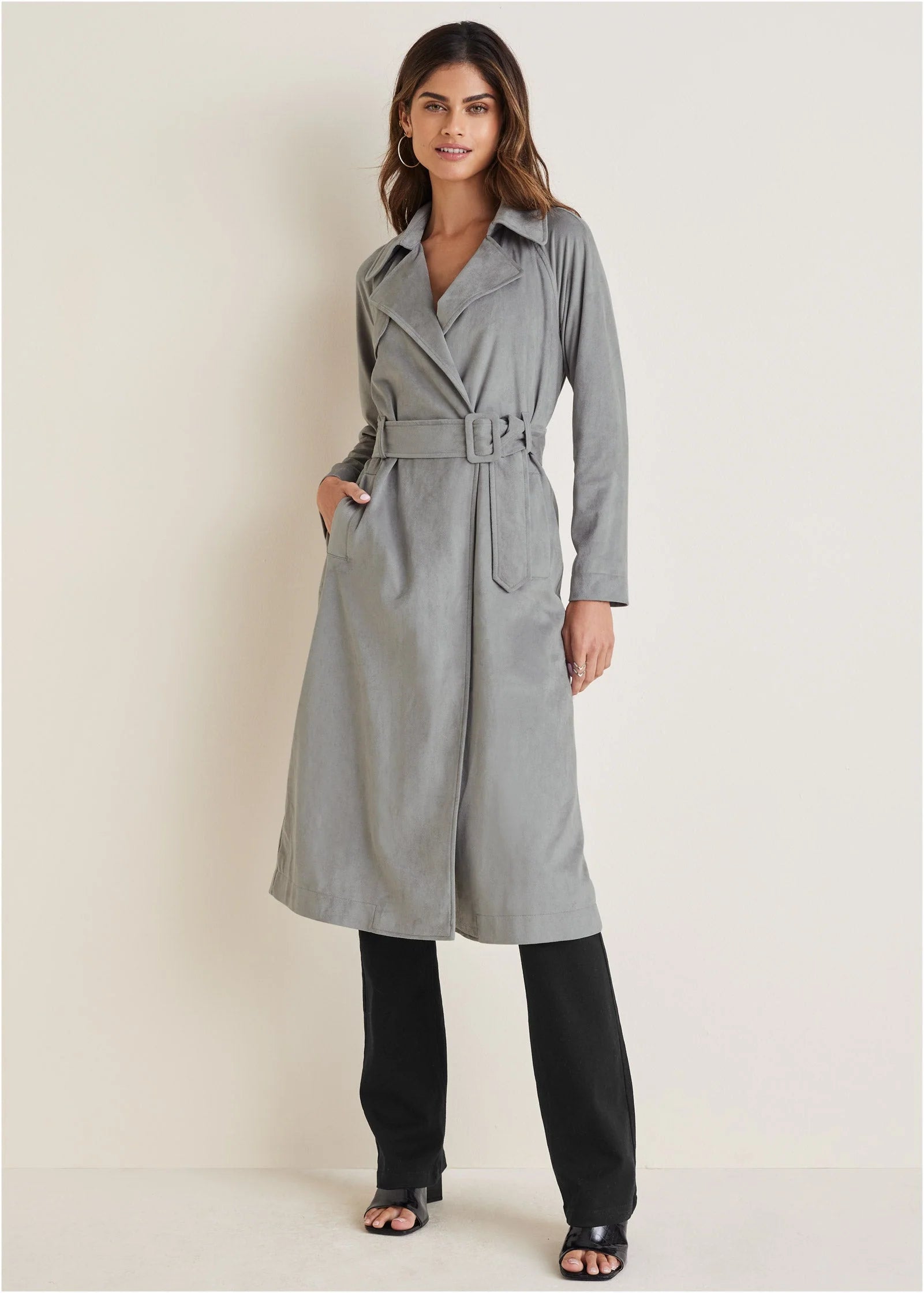 Faux Suede Trench Coat Grey