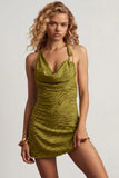 Devoré Cowl A Line Mini Dress in Olive Green