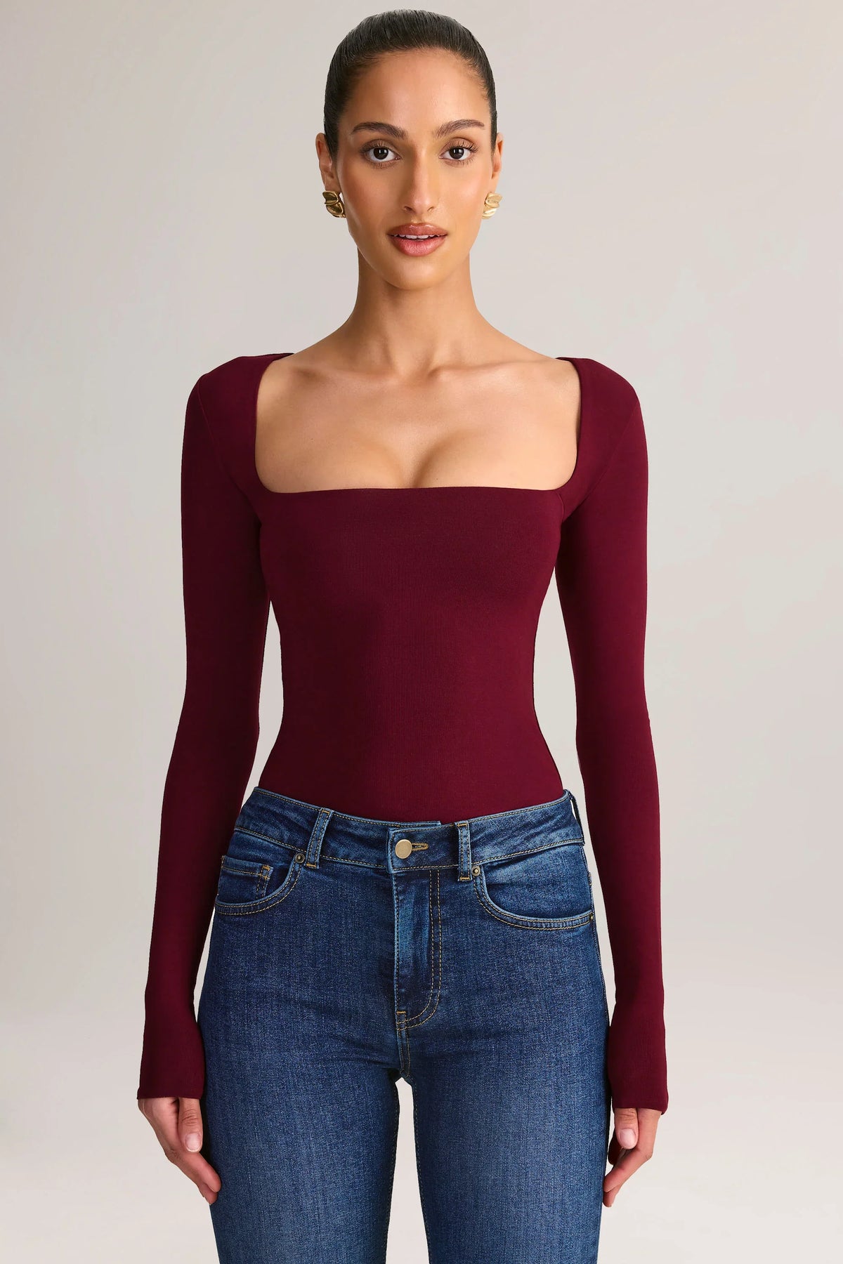 Modal Square Neck Long Sleeve Top in Wine