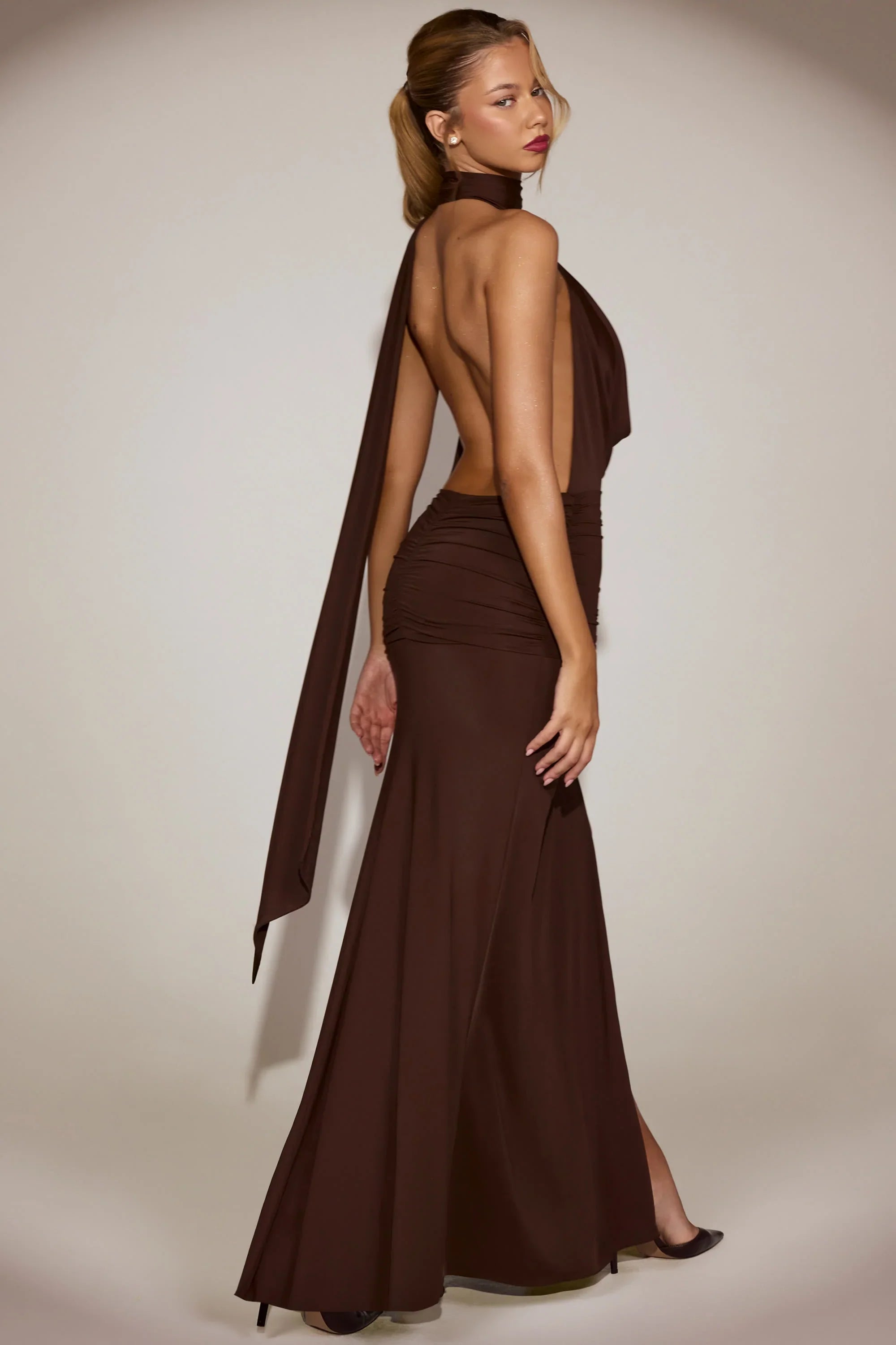 Soft Jersey Plunge Halterneck Maxi Dress in Chocolate Brown