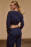Brushed Jersey Button Up Cropped Cardigan in Classic Navy