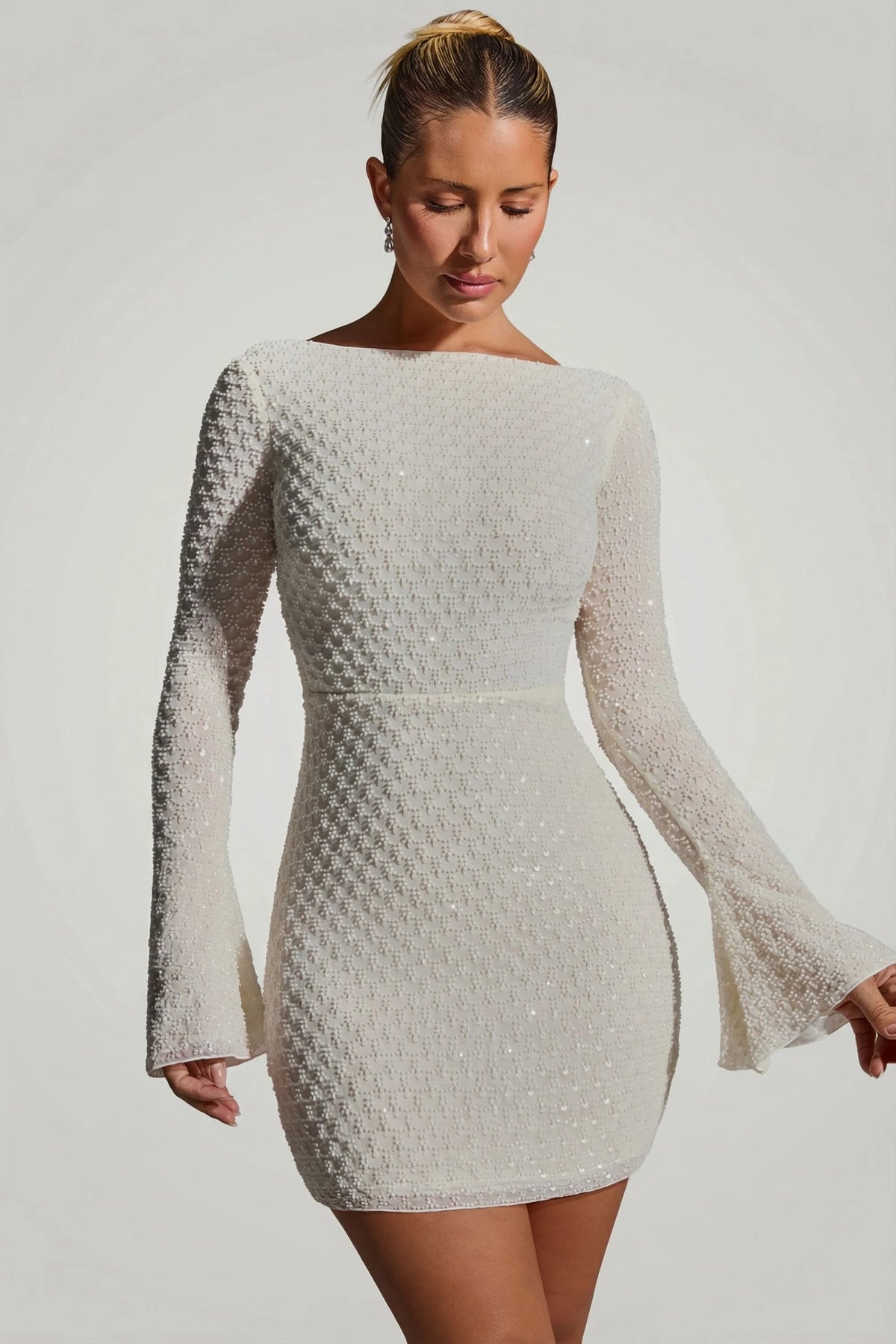 Embellished Open Back A Line Mini Dress in White