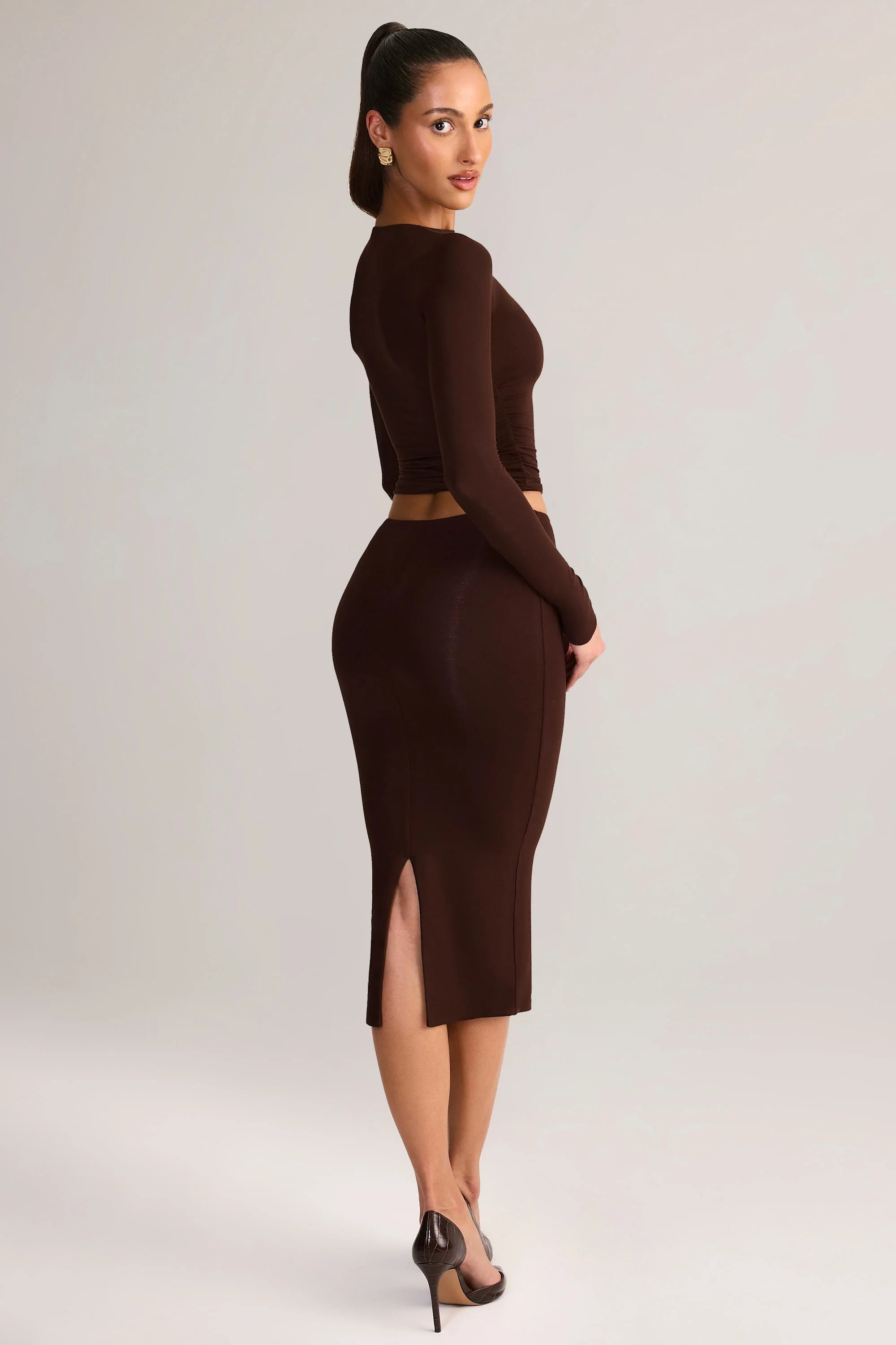 Modal Mid Rise Pencil Midi Skirt in Chocolate Brown