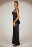 Sheer Lace Square Neck Ruched Gown in Black