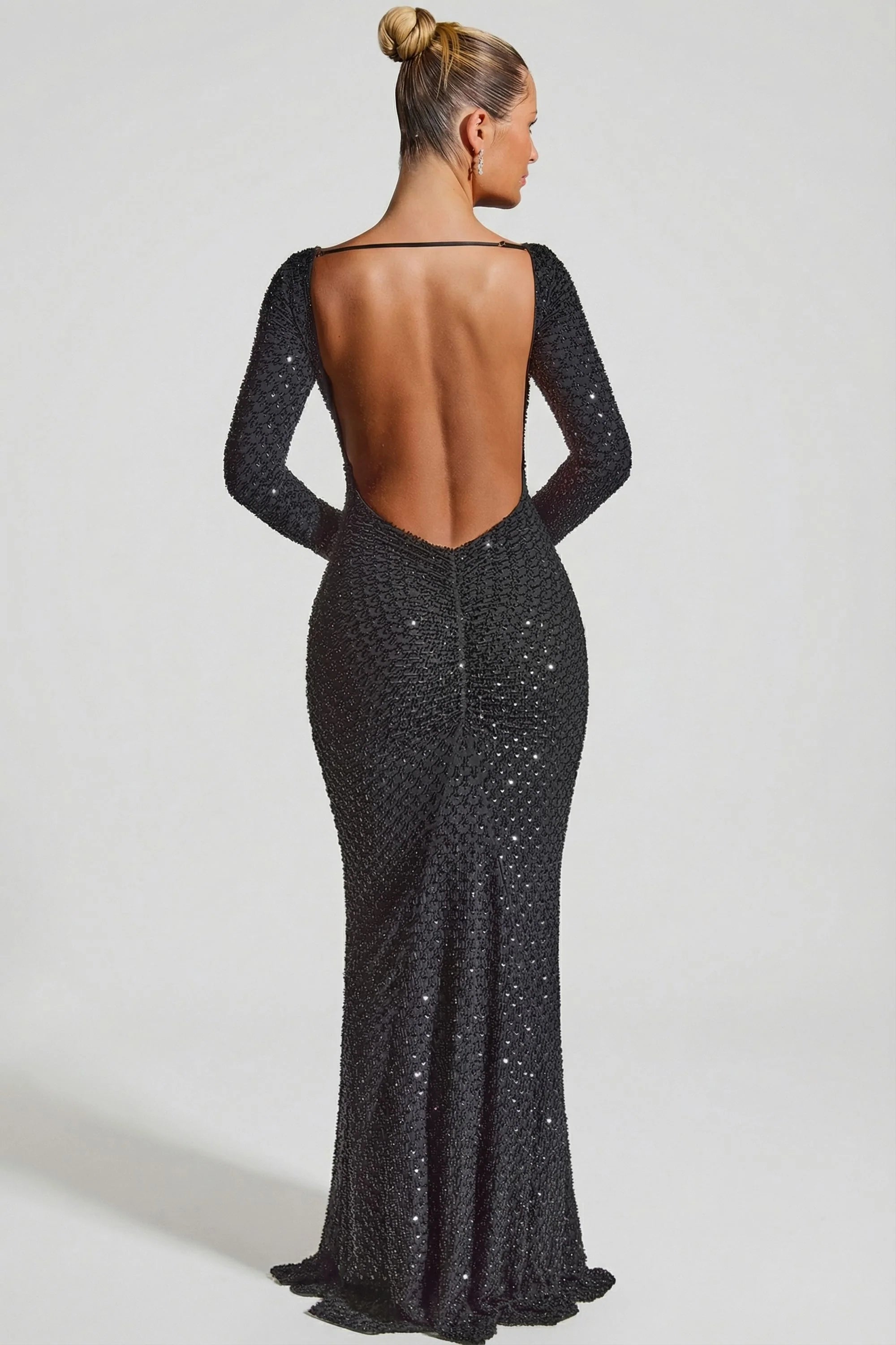 Embellished Open Back Gown in Black