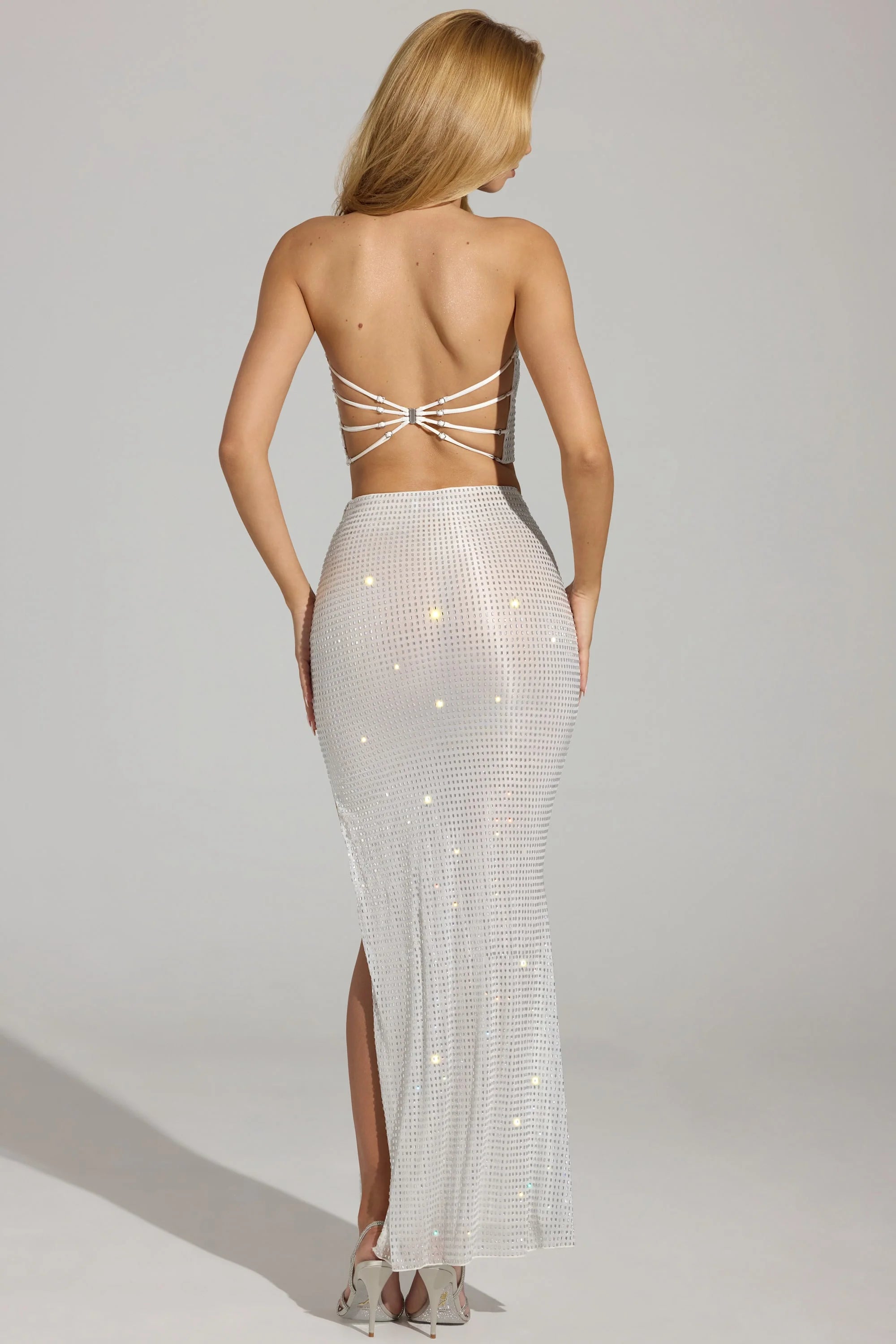 Embellished V Waist Thigh Split Maxi Skirt in White