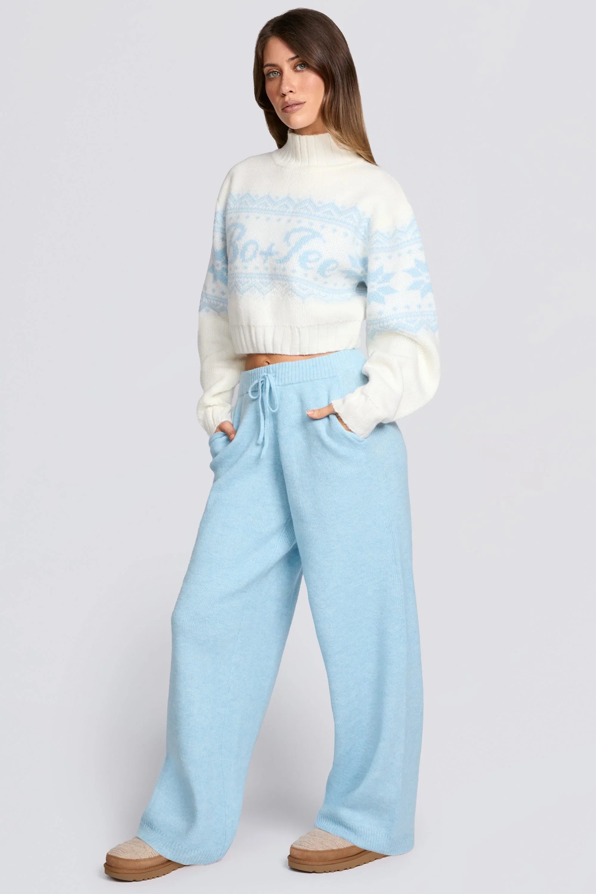 Knit Mid Rise Wide Leg Joggers in Powder Blue