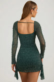Embellished Cowl Neck Draped Mini Dress in Emerald Green