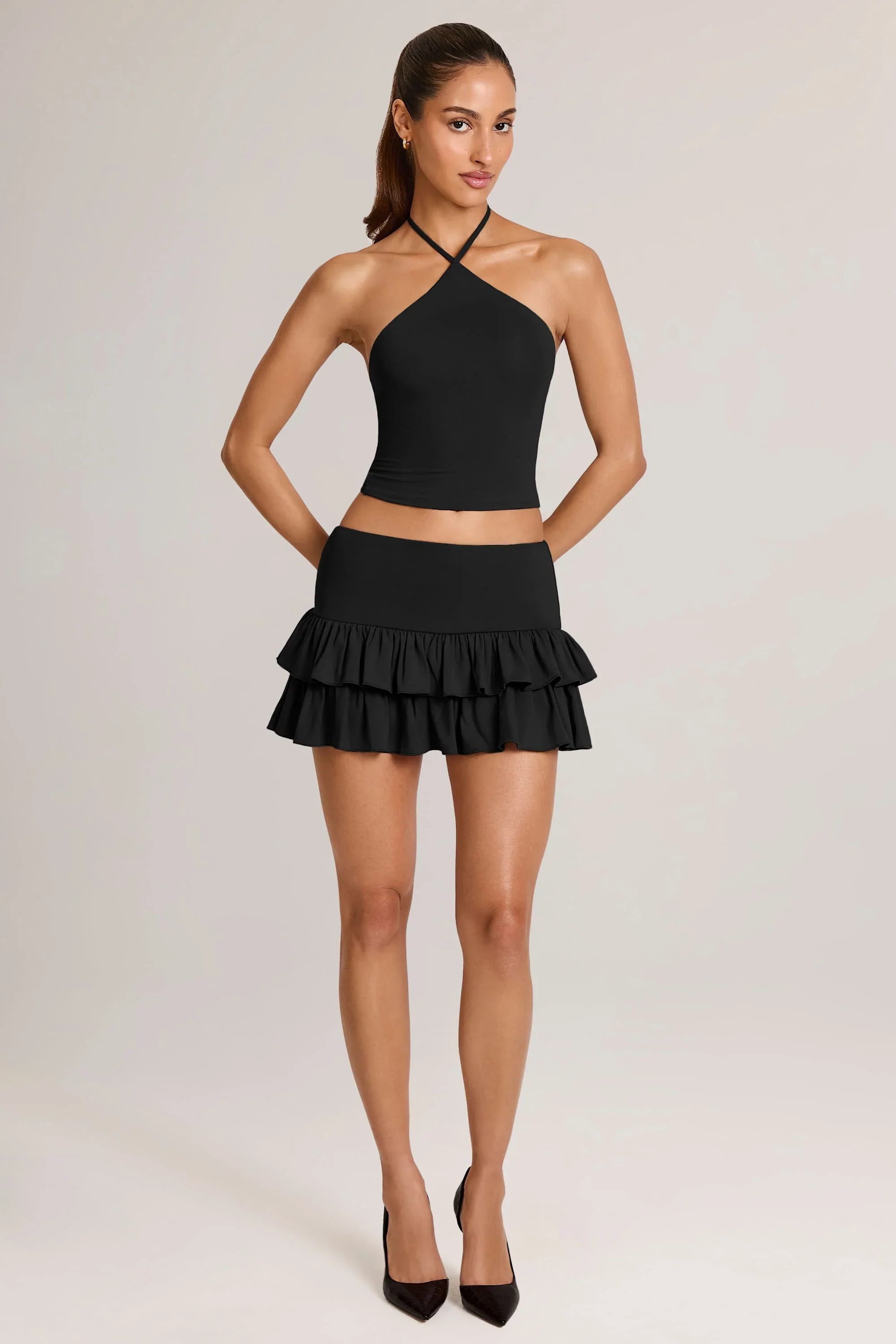 Modal Ruffle Mid Rise Mini Skort in Black