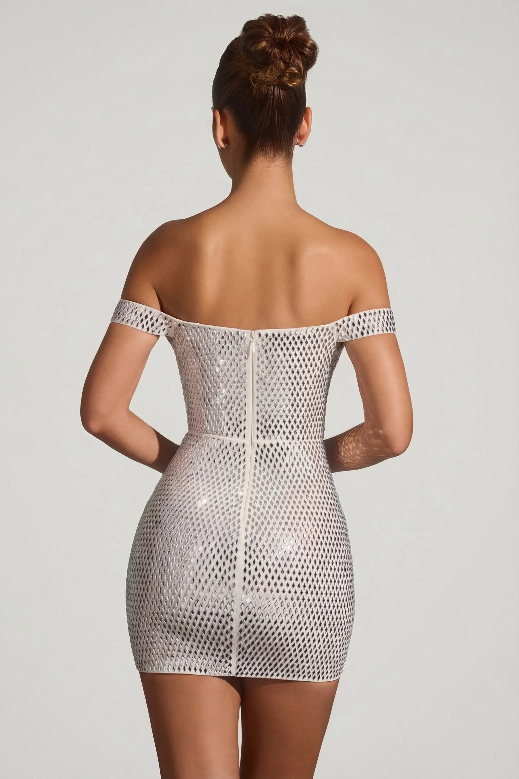 Embellished Off Shoulder Mini Dress in White