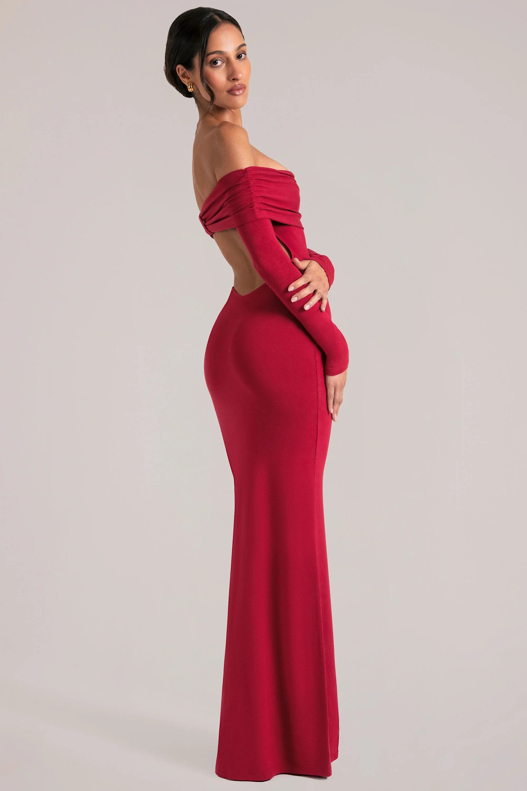 Off Shoulder Long Sleeve Maxi Dress in Cherry Red