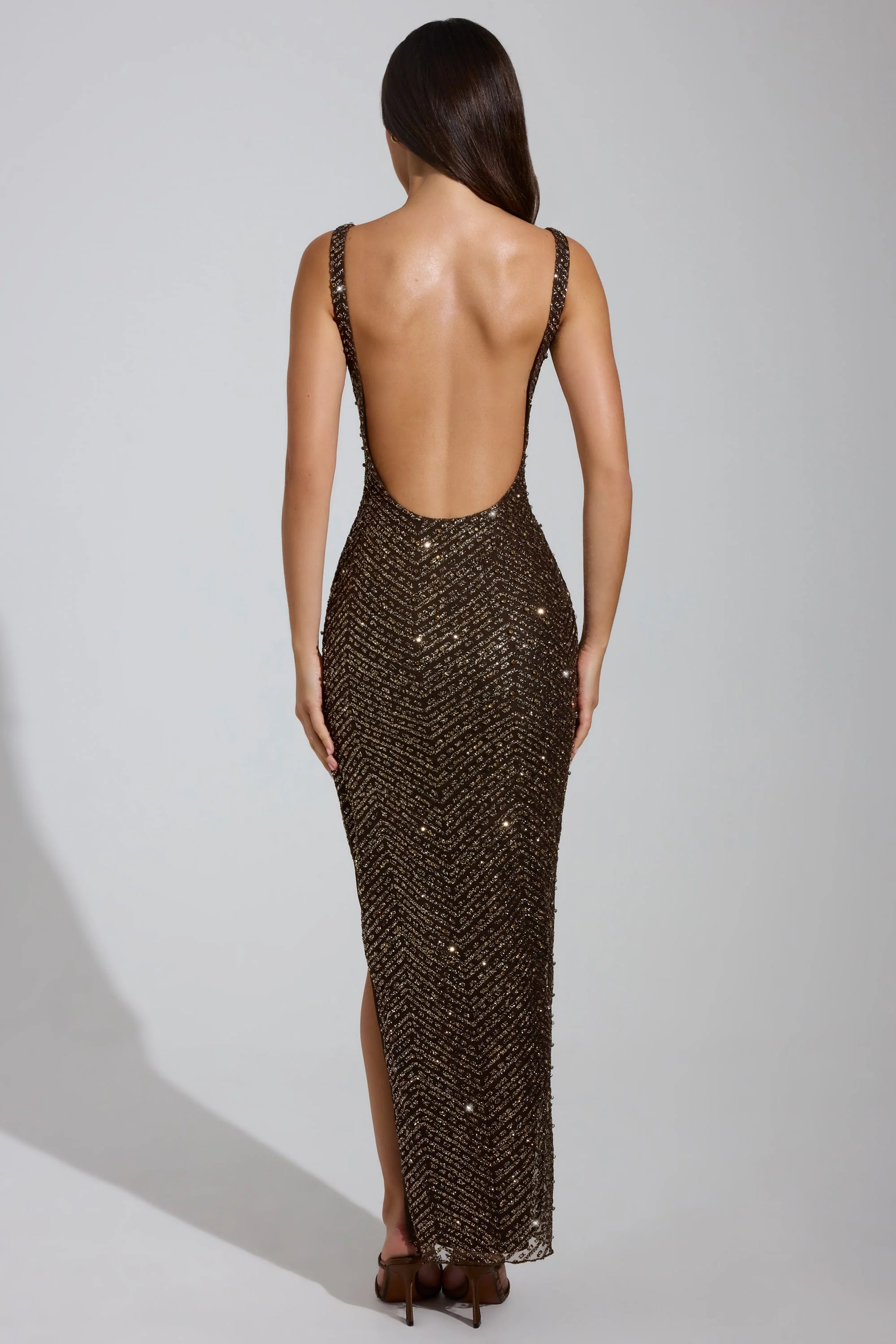 Embellished Scoop Neck Thigh Split Maxi Dress in Brown
