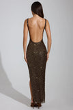Embellished Scoop Neck Thigh Split Maxi Dress in Brown