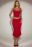 Lace Mid Rise Fluted Midi Skirt in True Red