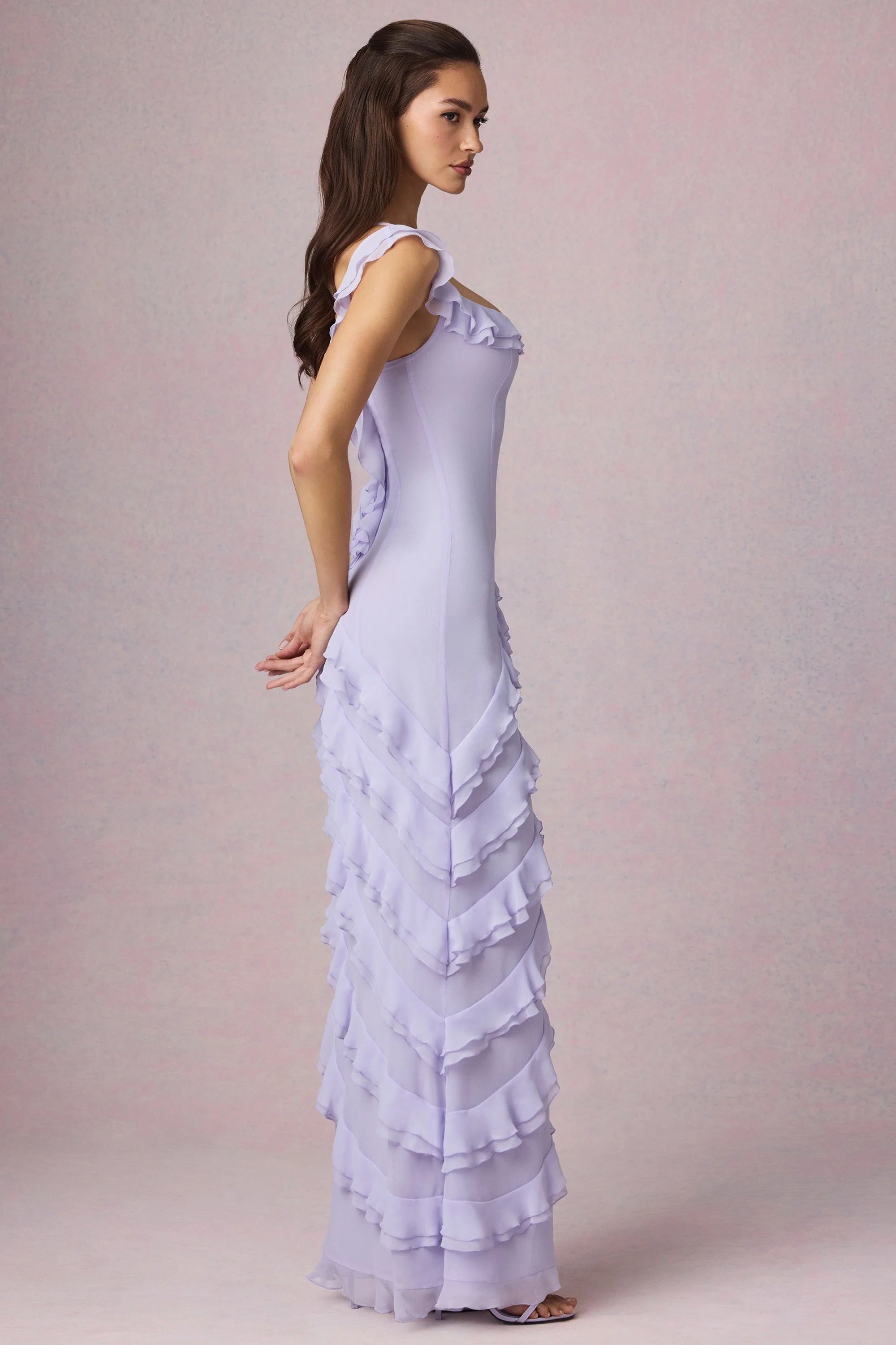 Asymmetric Ruffled Lace Up Gown in Lilac