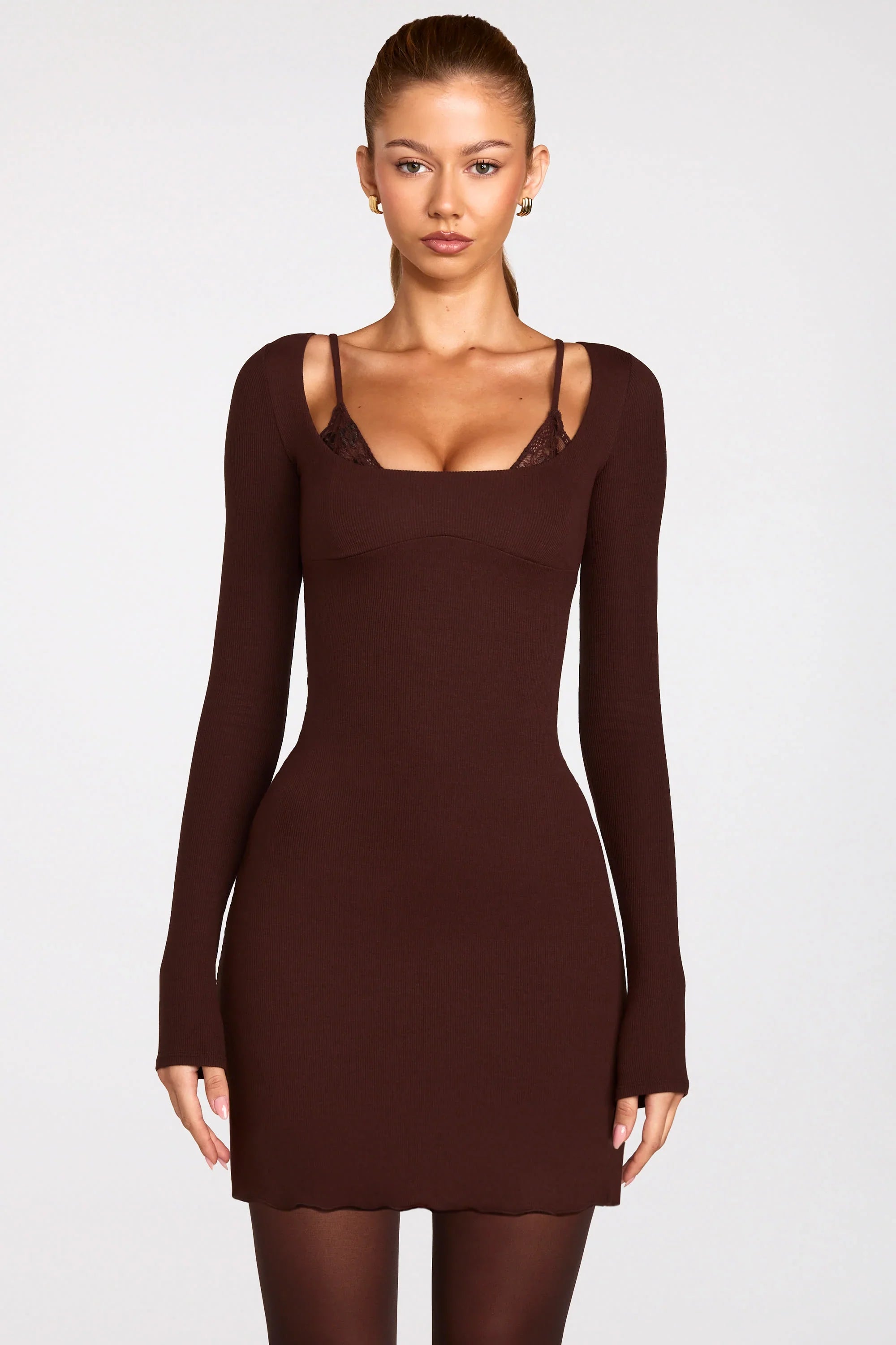 Ribbed Modal Long Sleeve Laced Bra Mini Dress in Chocolate Brown