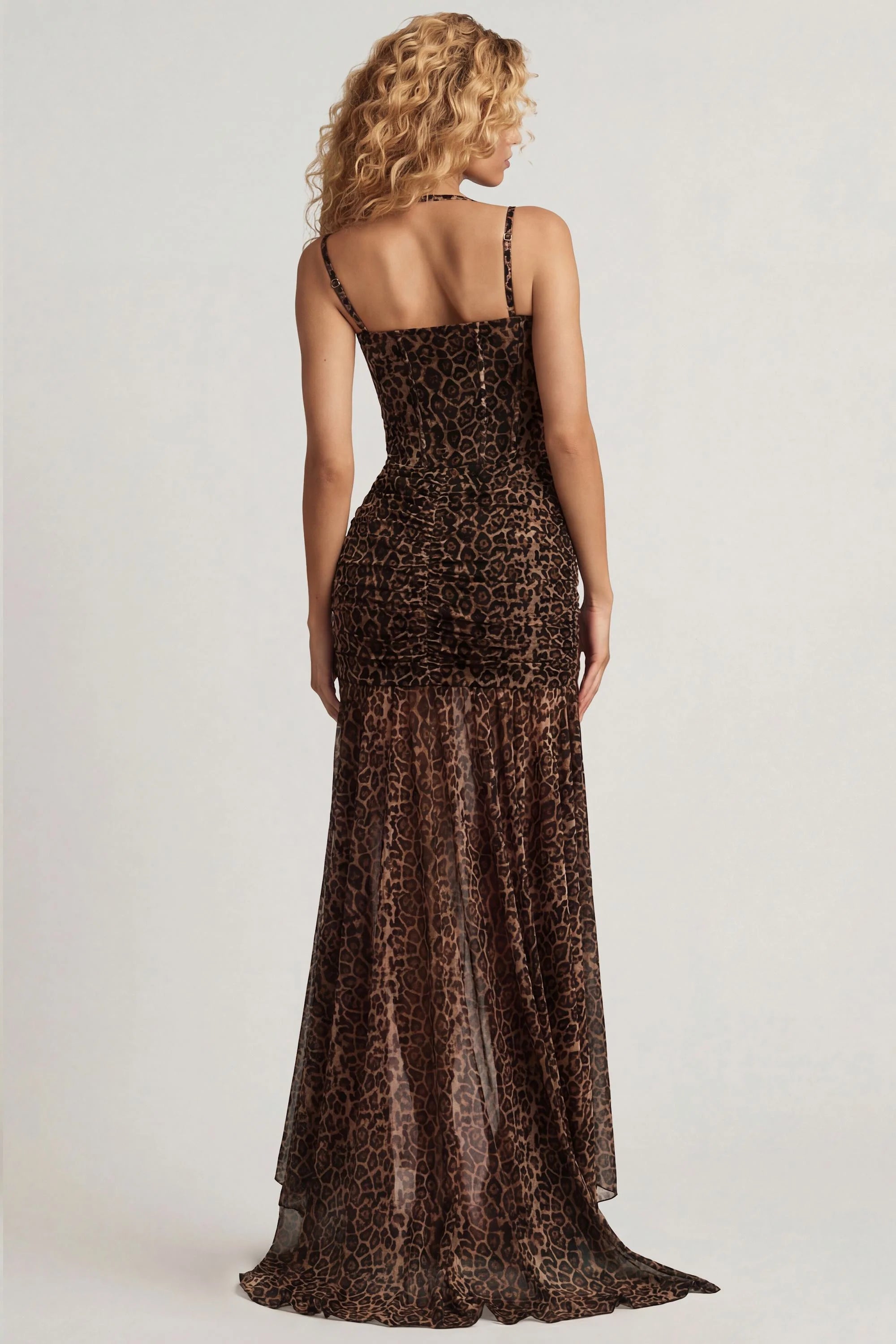 Ruched Asymmetric Corset Gown in Leopard Print