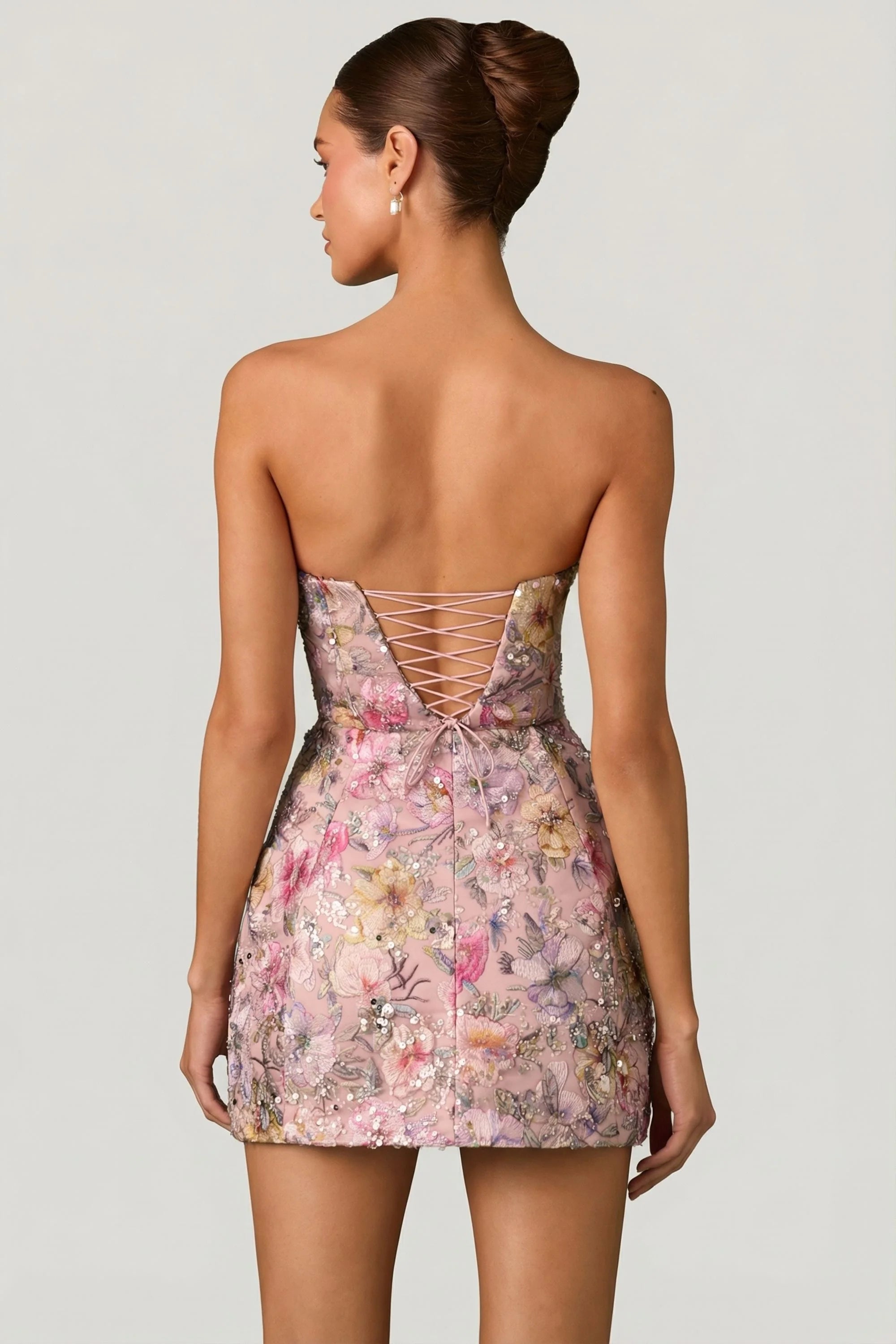 Embellished Convertible Lace Up Gown in Floral Pink