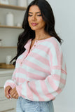 Gillian Pink And Ivory Striped Henley Knit Sweater