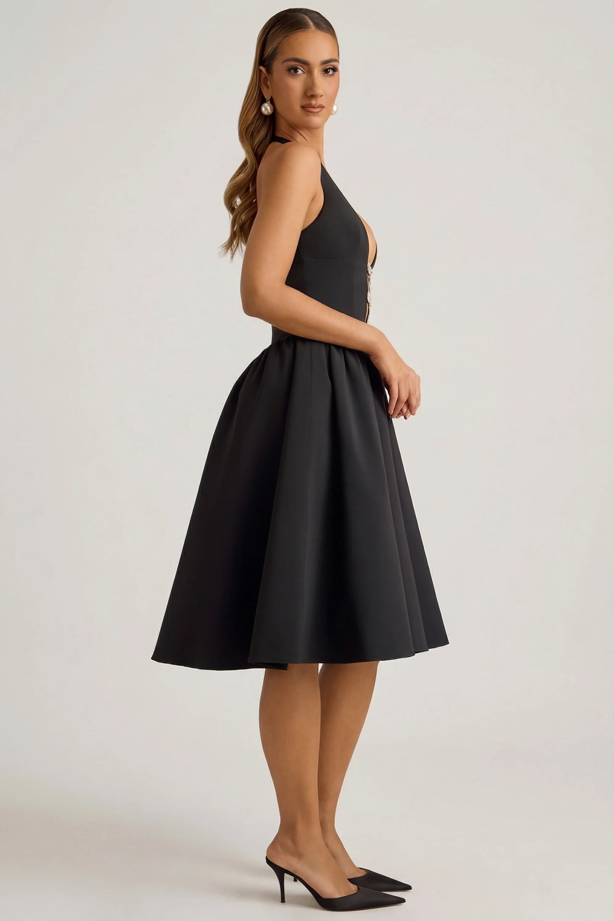 Halterneck Bow Detail Midi Dress in Black