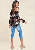 Bell Sleeve Printed Top Black Multi