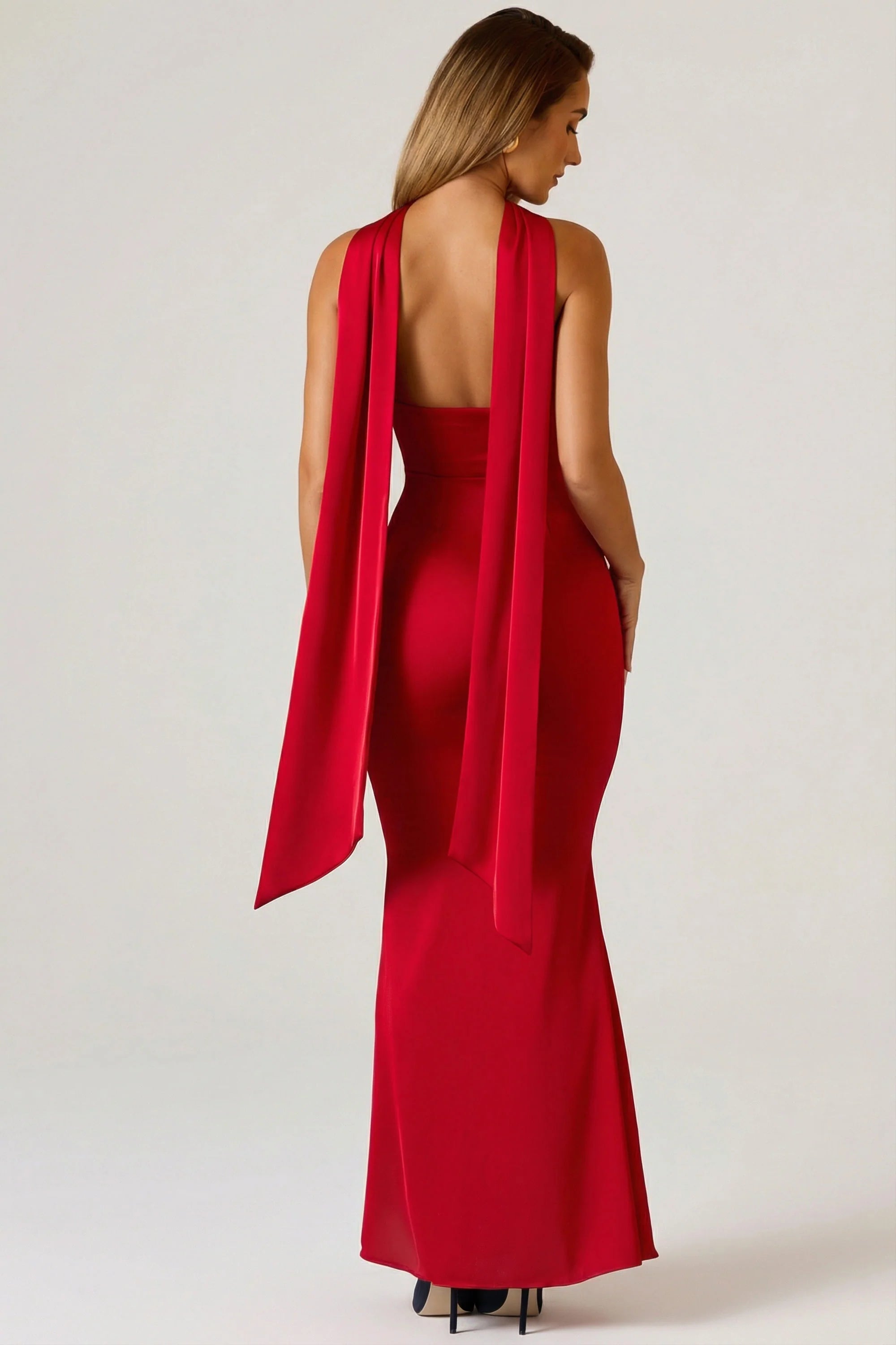 Scarf Detail Strapless Gown in Scarlet Red