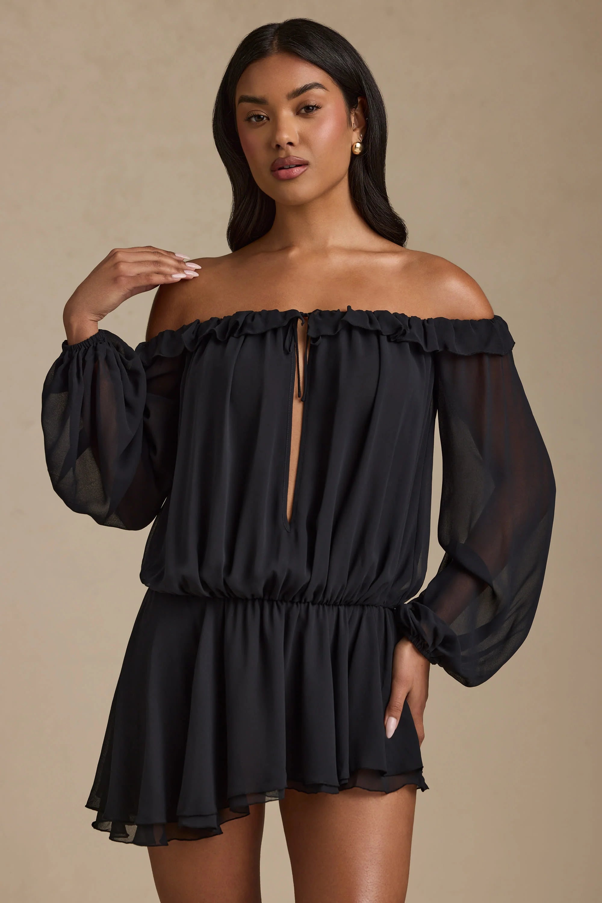 Off Shoulder Asymmetric Balloon Sleeve Mini Dress in Black