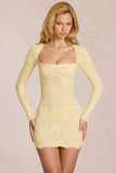 Scalloped Lace Long Sleeve Mini Dress in Lemon Yellow