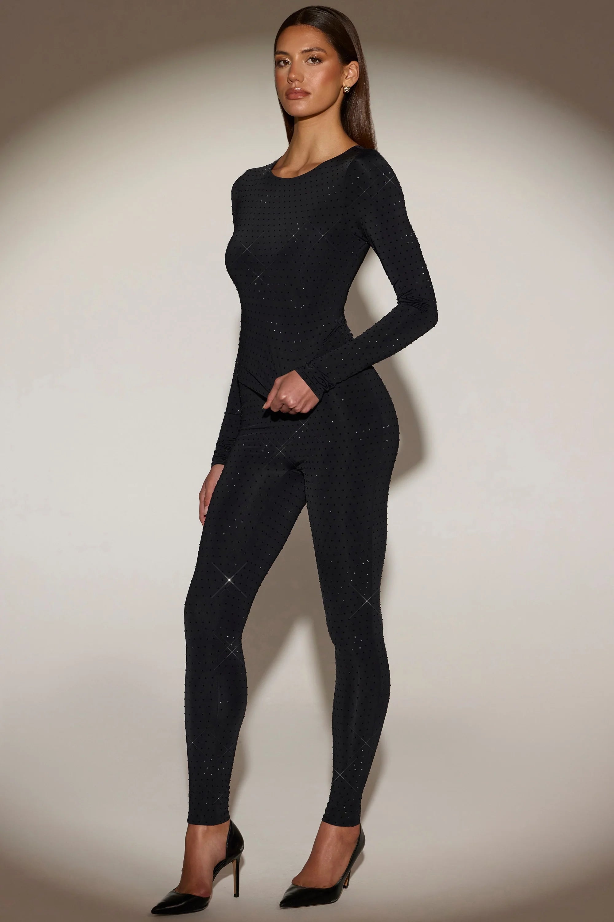 Embellished Jersey High Waisted Leggings in Black