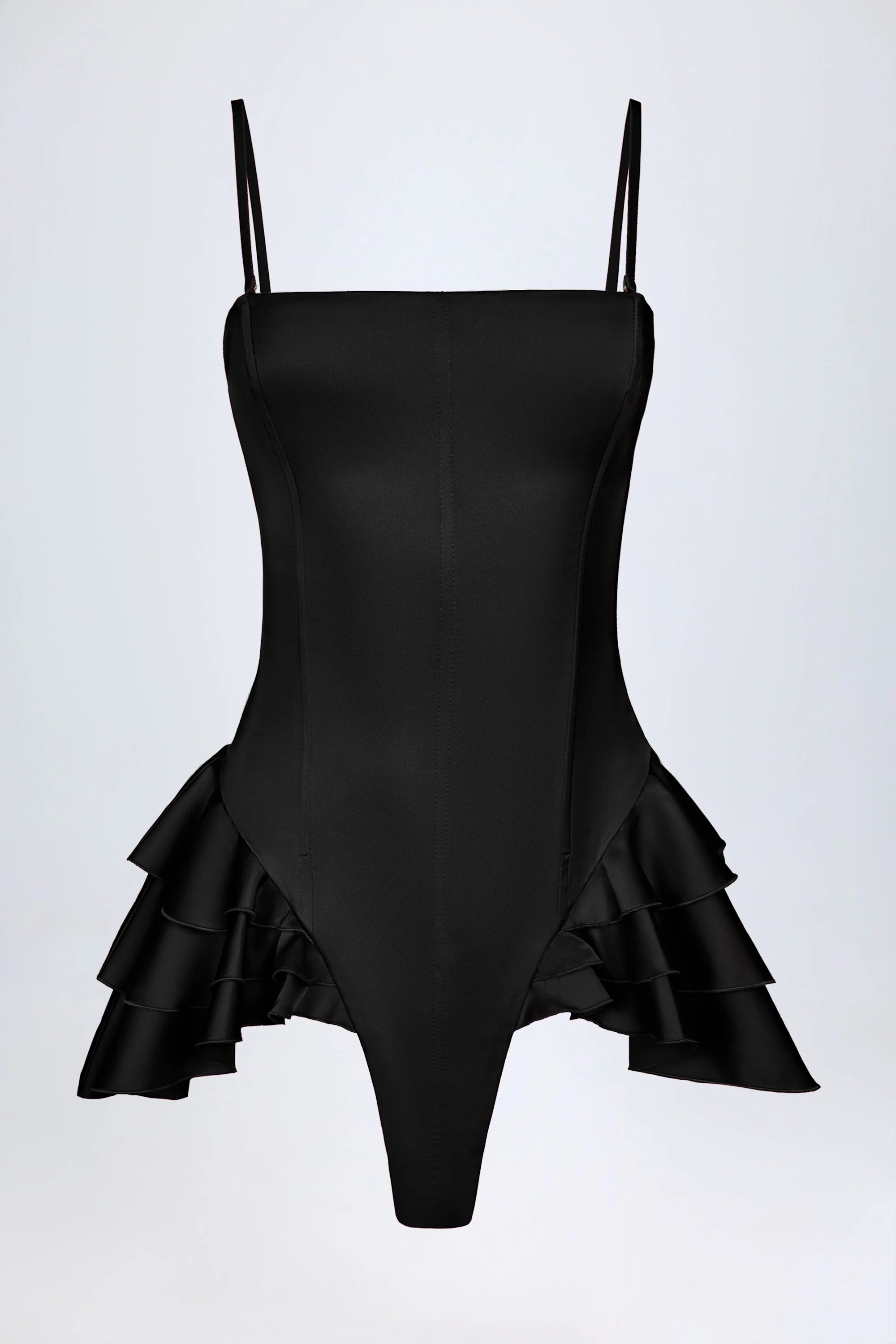 Ruffled Lace Up Corset Playsuit in Black